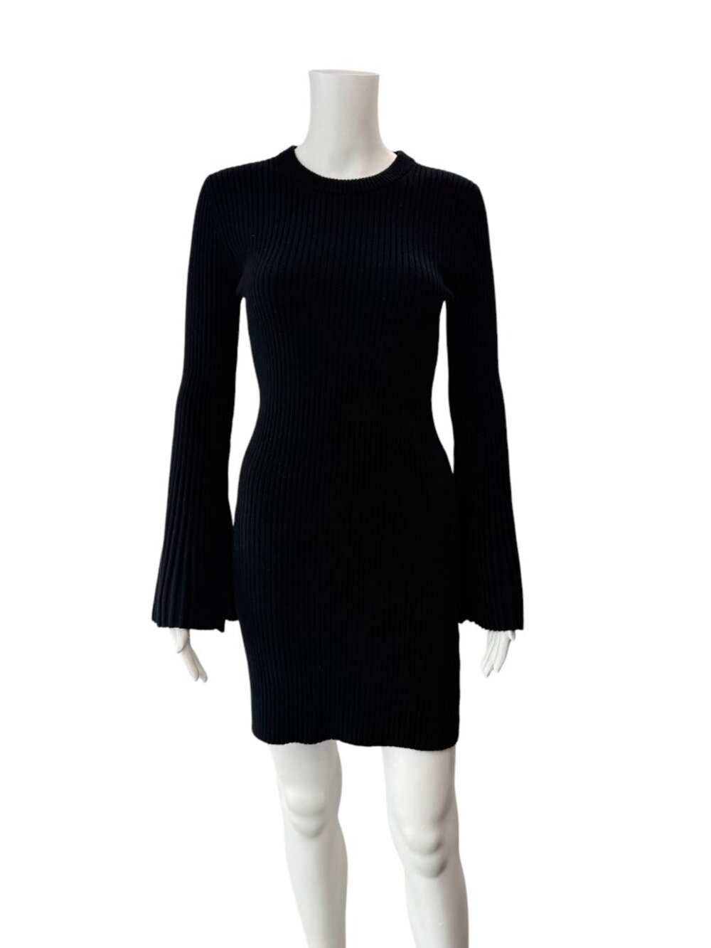 $340 alice + olivia Black Cashmere Knit Rib Gretel Bell Sleeve Dress size Small